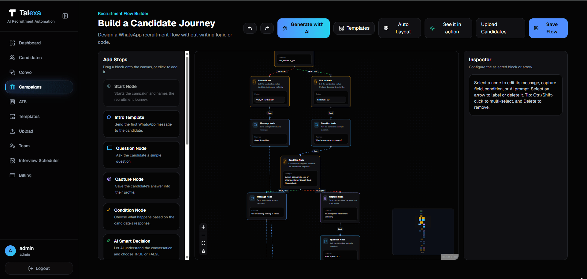 Talexa flow builder canvas with connected question, condition, status and message nodes